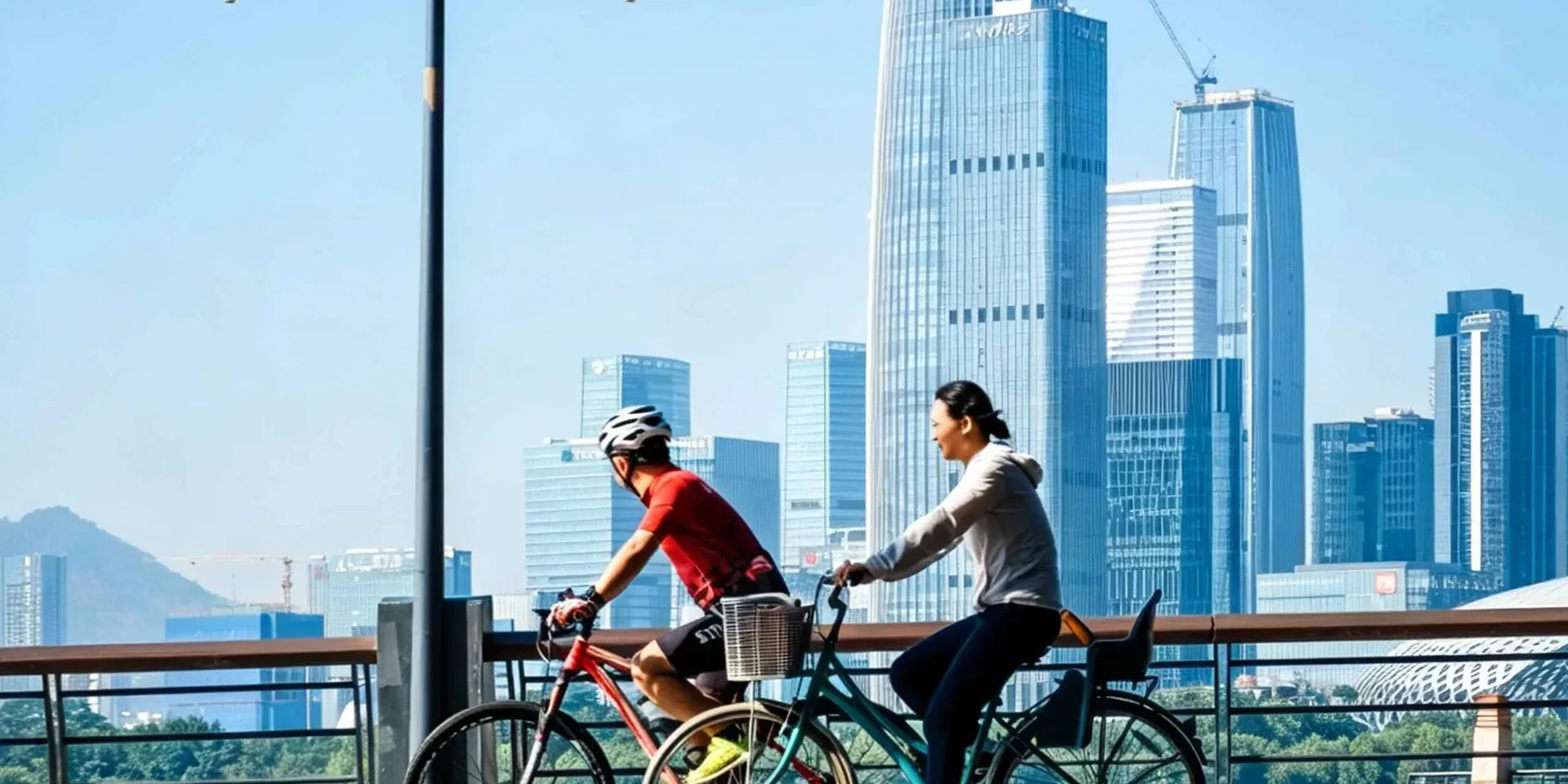 Two cyclists on the Shenzhen Bay waterfront path with the Nanshan skyline behind, Shenzhen